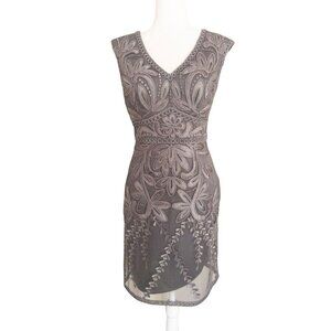 Sue Wong Embroidered Mesh Sleeveless Cocktail Dress Size 8 Gray Floral Design